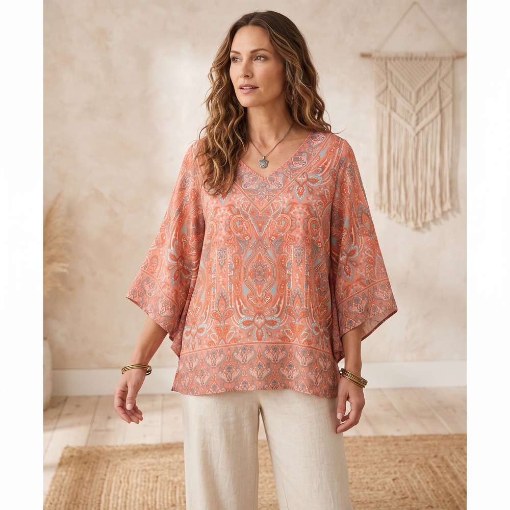 Belle Kim Gravel Boho Paisley Poncho Top Sheer Festival Resort Boho Desert M